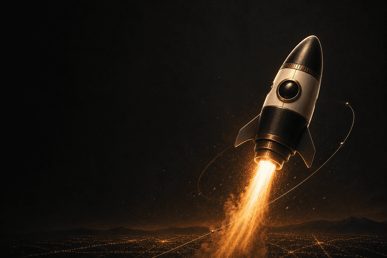 Illustrated rocket lifting off over city lights at night