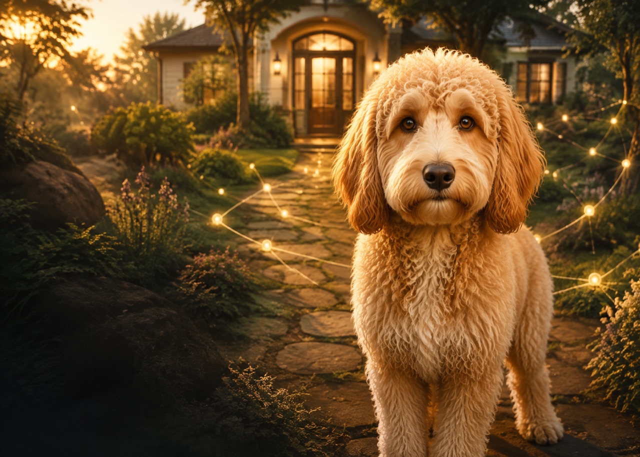 A cream and apricot Doodle standing on a luminous connected path leading home