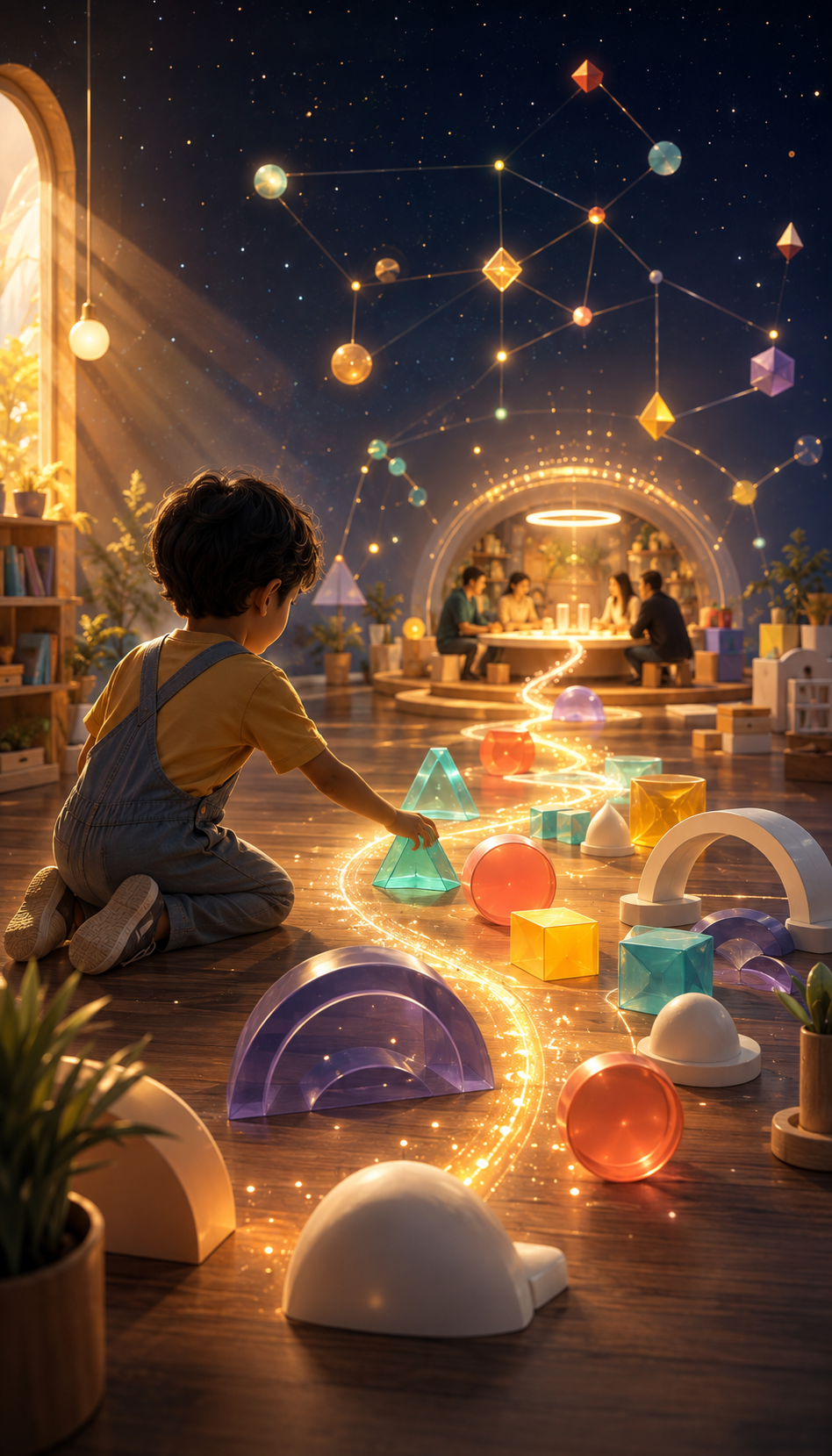 A child placing a luminous play shape on a pathway that connects to a warm collaboration hub