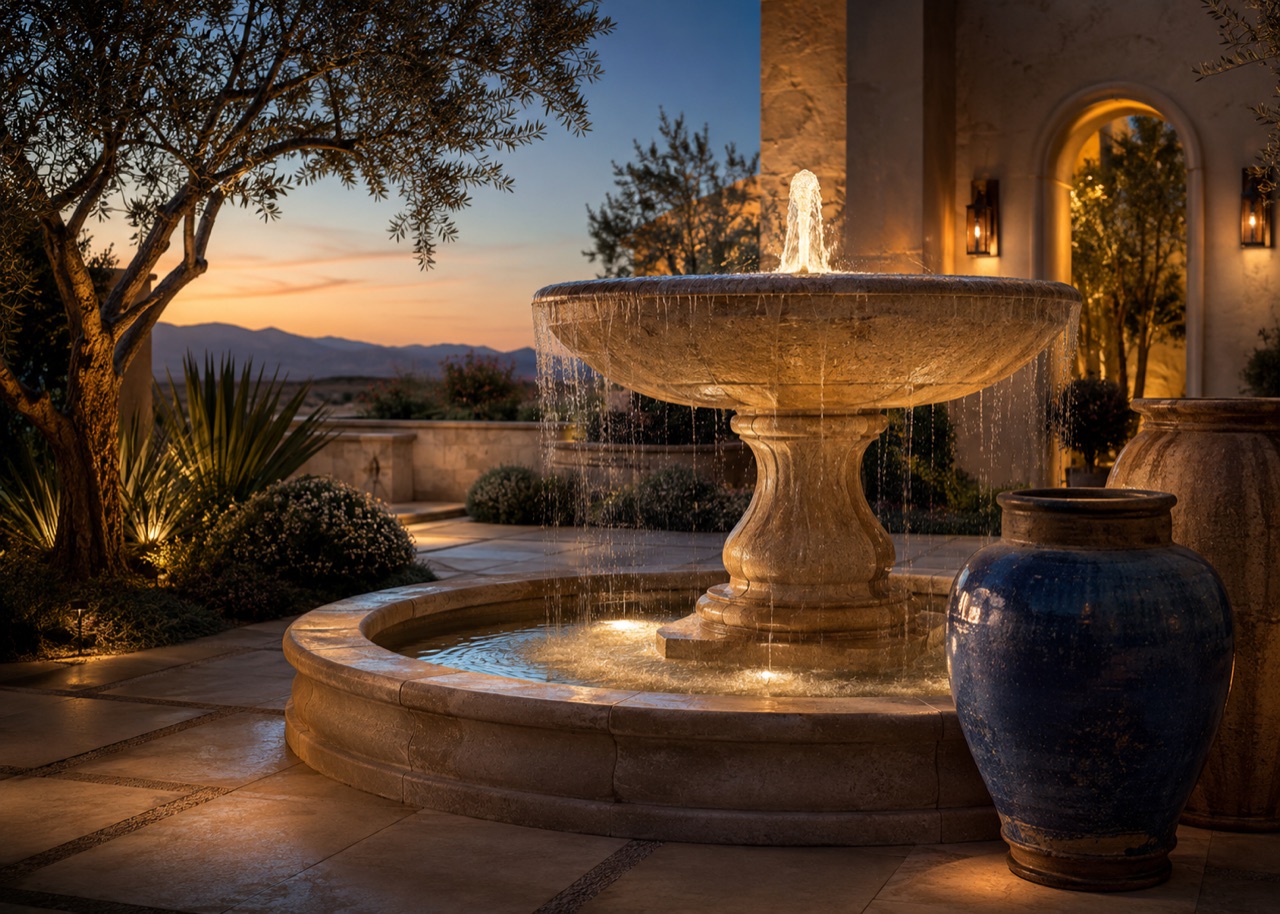 A sculptural stone fountain and artisan pottery in a refined Nevada garden at blue-gold hour